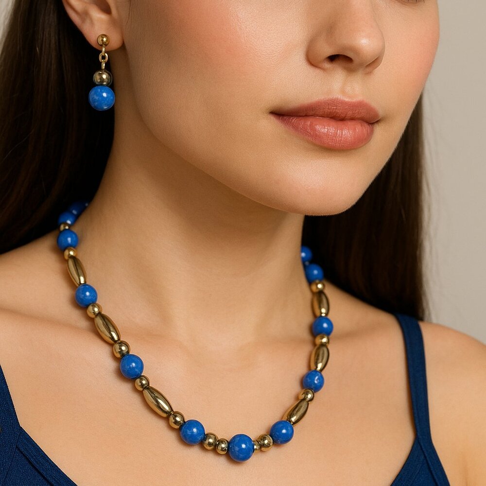 Vintage Hematite Lapis 14 KGF Necklace and Earring Set